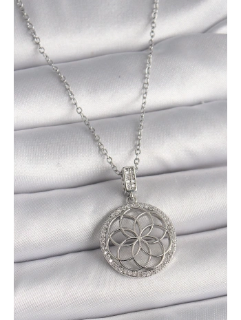 316L Çelik Gümüş Renk Zincir Zirkon Taşlı Lotus Model Kadın Kolye