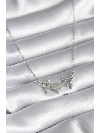 316L Çelik Gümüş Renk Zirkon Taşlı Kanat Kalp Model Kadın Kolye