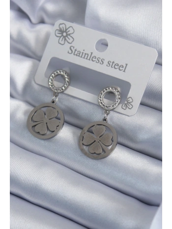 316L Çelik Gümüş Renk Zirkon Taşlı Yonca Model İşleme Detay Kadın Küpe