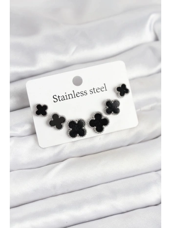 316L Çelik Gümüş Siyah Renk 3 Boy Yonca Küpe Seti