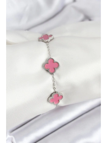 316L Çelik Gümüş Zincir Pembe Renk Yonca Bileklik