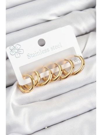 316L Çelik Halka Model Gold Renk 3lü Set Kadın Küpe
