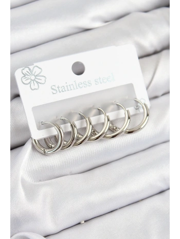316L Çelik Halka Model Gümüş Renk 3lü Set Kadın Küpe