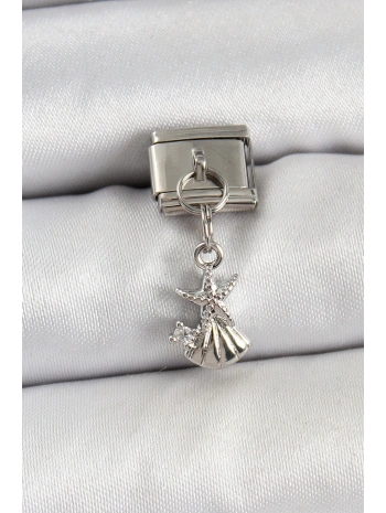 316L Çelik Sallantılı Zirkon Taşlı Deniz Yıldızı Ve İstiridye Model Gümüş Renk Nomination Charm