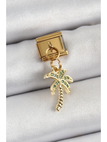316L Çelik Sallantılı Zirkon Taşlı Palmiye Ağacı Model Gold Renk Nomination Charm