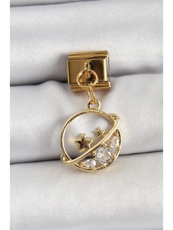 316L Çelik Sallantılı Zirkon Taşlı Satürn Model Gold Renk Nomination Charm