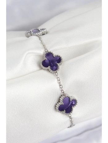 316L Çelik Sedefli Mor Gümüş Renk Yonca Kadın Bileklik