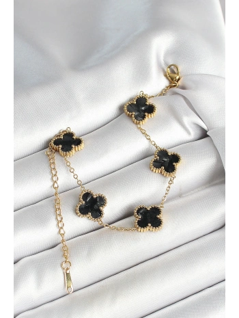 316L Çelik Sedefli Siyah Gold Renk Yonca Kadın Bileklik