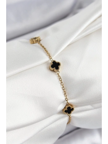 316L Çelik Siyah Sedef Yonca Model Gold Renk Kadın Bileklik