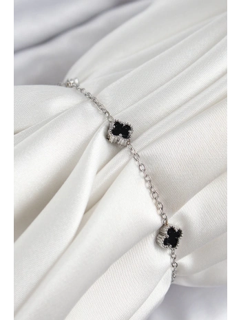 316L Çelik Siyah Sedef Yonca Model Gümüş Renk Kadın Bileklik