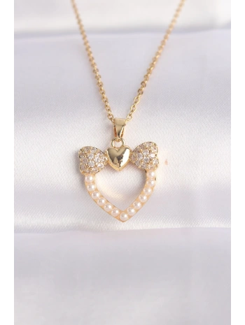 316L Çelik Zincir Altın Renk İnci Taş Detay Zirkon Taşlı Kalp Kolye