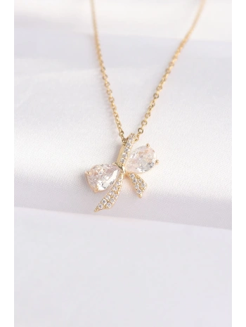 316L Çelik Zincir Altın Renk Zirkon Taşlı Fiyonk Kolye