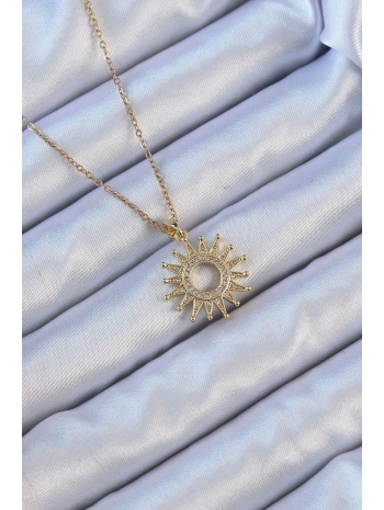 316L Çelik Zincir Altın Renk Zirkon Taşlı Parlayan Güneş Kolye