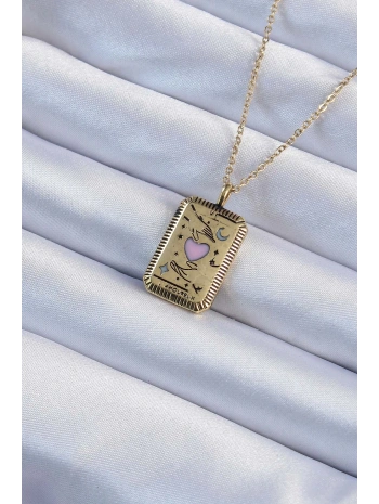 316L Çelik Zincir Eskitme Altın Renk Pembe Mineli Kalp Figürlü Tarot Kolye