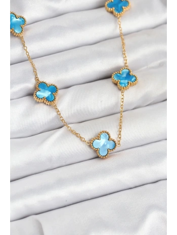 316L Çelik Zincir Gold Buz Mavisi Renk Yonca Kolye