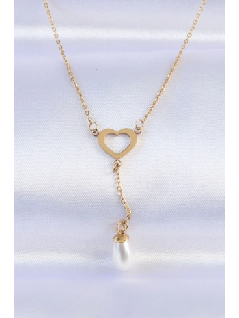 316L Çelik Zincir Gold Renk İnci Taş Detay Kalp Kolye