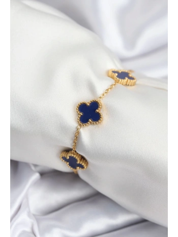 316L Çelik Zincir Gold Renk Lacivert Yonca Kadın Bileklik
