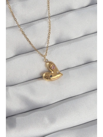 316L Çelik Zincir Gold Renk Renkli Zirkon Taşlı Kalp Kolye