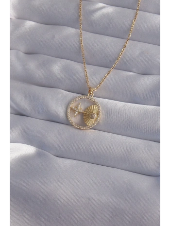 316L Çelik Zincir Gold Renk Zirkon Taşlı Yıldız Figürlü Oval Kolye