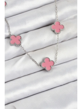 316L Çelik Zincir Gümüş Pembe Renk Yonca Kadın Kolye
