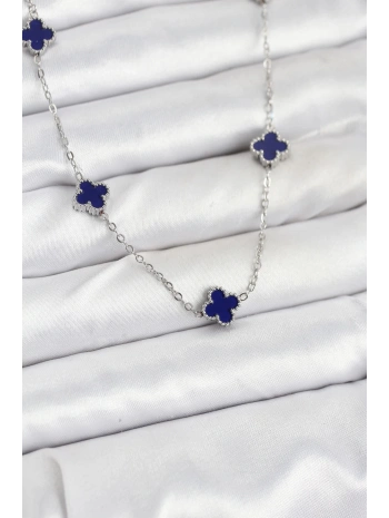 316L Çelik Zincir Gümüş Renk Lacivert Baby Boy Yonca Kadın Kolye