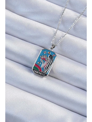 316L Çelik Zincir Gümüş Renk Taç ve Kız Figürlü Renkli Mineli Tarot Kolye