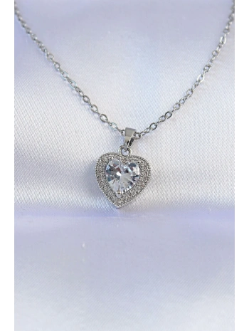 316L Çelik Zincir Gümüş Renk Zirkon Taşlı Charm Kalp Kolye