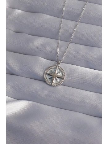 316L Çelik Zincir Gümüş Renk Zirkon Taşlı Kutup Yıldızı Kolye