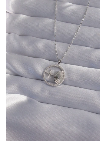 316L Çelik Zincir Gümüş Renk Zirkon Taşlı Yıldız Figürlü Oval Kolye