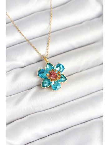 316L Çelik Zincirli Mavi Çiçek Model Kadın Kolye