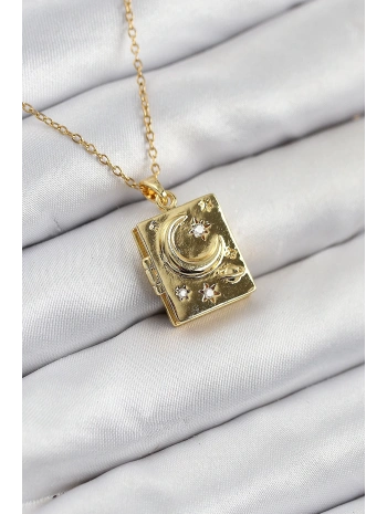 316L Çelik Zirkon Taşlı Açılabilr Kapaklı Kitap Model Gold Renk Kadın Kolye