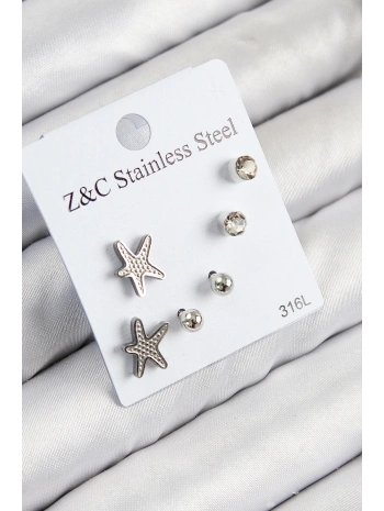 316L Çelik Zirkon Taşlı Deniz Yıldızı Model Gümüş Renk Kadın Set Küpe