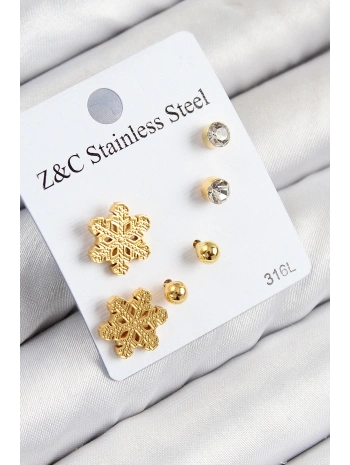 316L Çelik Zirkon Taşlı Kar Tanesi Model Gold Renk Kadın Set Küpe