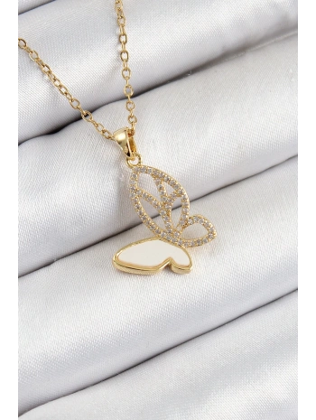 316L Çelik Zirkon Taşlı Kelebek Model Gold Renk Kadın Kolye