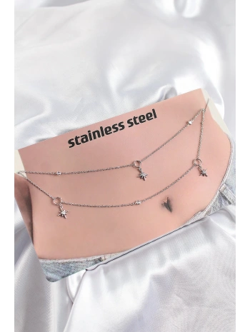 316L Çelik Zirkon Taşlı Kutup Yıldızı Model Gümüş Renk Göbek Bel Zinciri