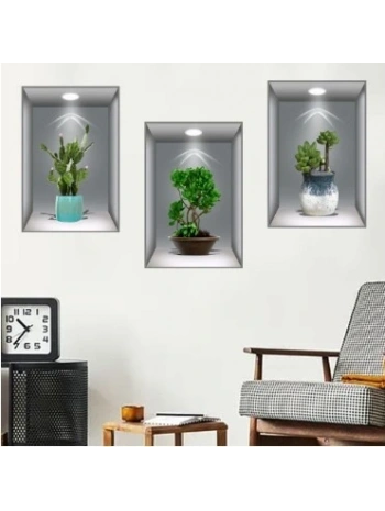 3D Çiçek Vazo Duvar Sticker 3 lü Set GRİ Fon (5047)