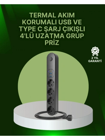 4 Priz 2 USB 1 Type-C Akım Korumalı Çoklu Priz Led Anahtarlı