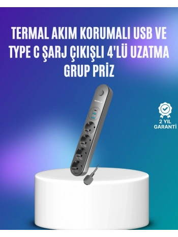 4’lü Çoklu Priz 2 USB Type-C Girişli Akım Korumalı Siyah