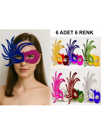 6'lı Renkli Balo Maskesi Seti | Karton &amp;amp; Lastikli (Yetişkin-Çocuk Uyumlu) (5047)