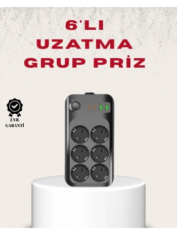 6’lı Grup Priz Termal Korumalı USB Type-C Çoklu Priz 2 Metre Kablo