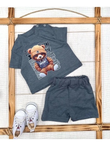 9-12-18-24 Ay Dansçı Ayıcık Baskılı Şortlu Kısa Kollu Tişört 2li Erkek Bebek Takımı