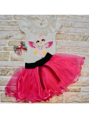 9-12-18 Ay Toka Hediyeli Kuş Desenli Tişört Tütü Etek 2li Kız Bebek Takımı