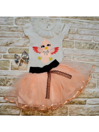 9-12-18 Ay Toka Hediyeli Kuş Desenli Tişört Tütü Etek 2li Kız Bebek Takımı