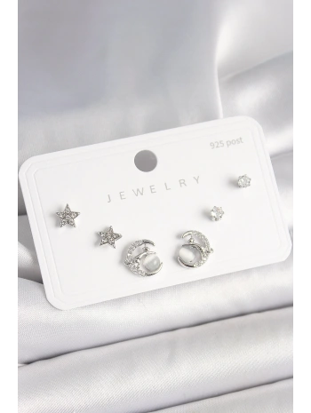 925 Ayar Gümüş Çivi Zirkon Taşlı Hilal Yıldız Model Kadın Küpe Seti