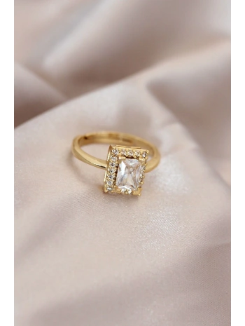 Ayarlamalı Gold Renk Metal Zirkon ve Kristal Taşlı Dikdörtgen Model Yüzük