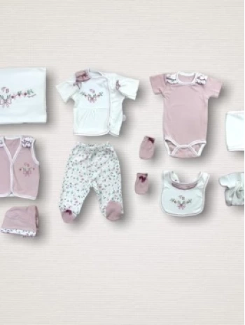 Bahar Çiçekleri Nakışlı %100 Cotton Antibakteriyel 10lu Zıbın Takımı Hastane Çıkışı