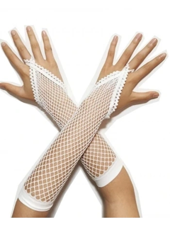Beyaz Renk Parmak Arası File Örgü Eldiven 26 cm (5047)