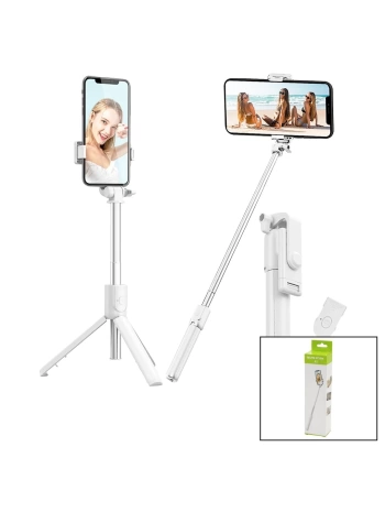 BEYAZ  SELFİ ÇUBUK - TRİPOD AYAKLI  57CM UZAYAN-KISALAN SAPLI + 10CM =67CM (5047)