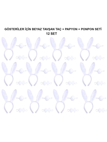 Beyaz Tavşan Kostüm Seti – Taç, Papyon, Kuyruk (12’li Paket)