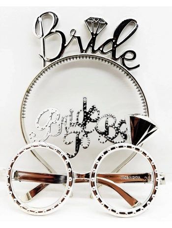 Bride Yazılı Taç ve Bride To Be Yazılı Gözlük Seti Gümüş Renk (5047)